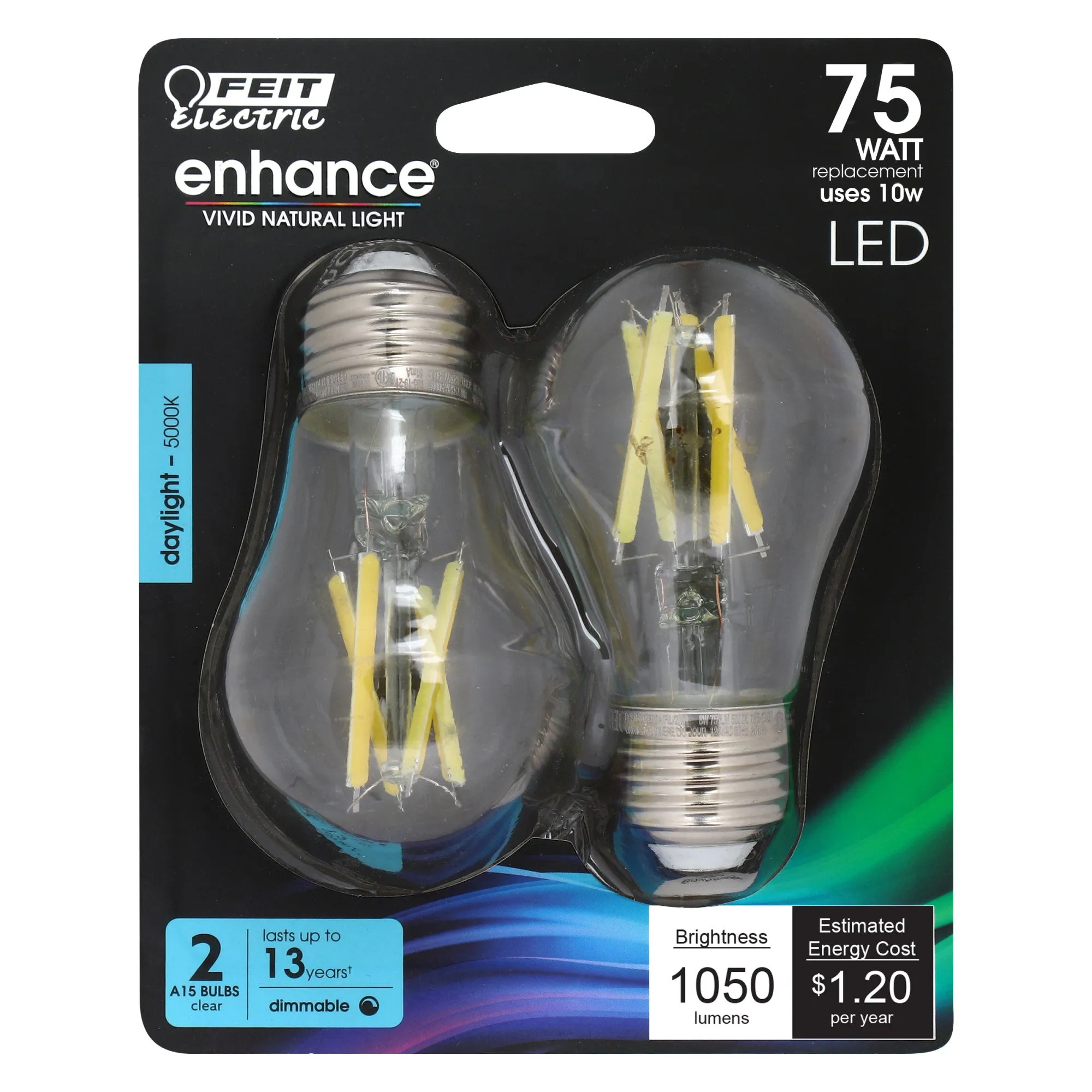 10W (75W Replacement) Daylight (5000K) E26 Base A15 Dimmable Enhance Filament LED (2-Pack)