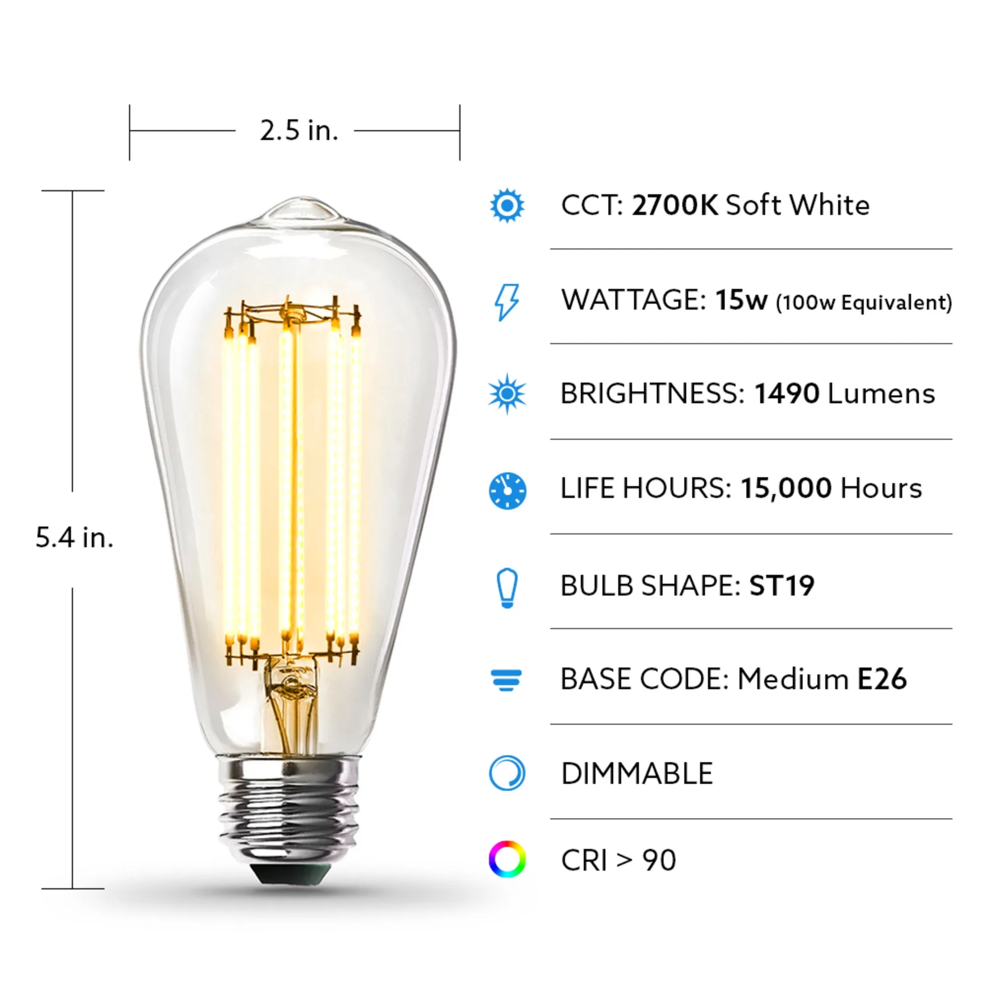 15W (100W Replacement) ST19 E26 Dimmable Straight Filament Clear Glass Vintage Edison LED Light Bulb, Soft White