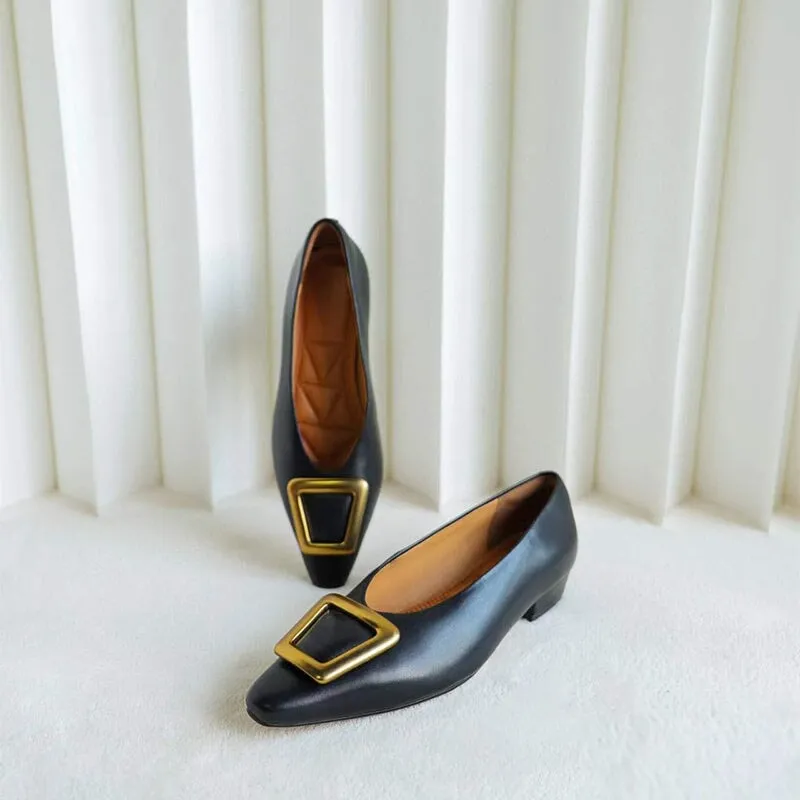 Classic Leather Handmade Ballet Flats in Black/Apricot Square Button Design