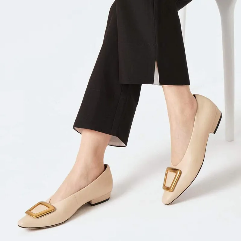 Classic Leather Handmade Ballet Flats in Black/Apricot Square Button Design