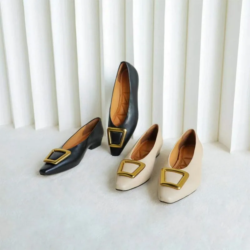 Classic Leather Handmade Ballet Flats in Black/Apricot Square Button Design