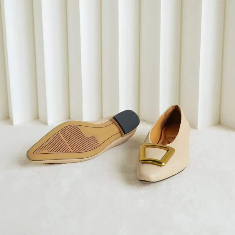 Classic Leather Handmade Ballet Flats in Black/Apricot Square Button Design