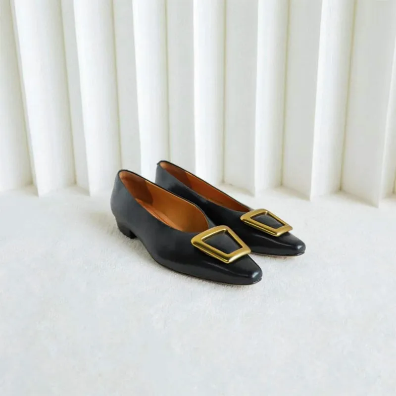Classic Leather Handmade Ballet Flats in Black/Apricot Square Button Design