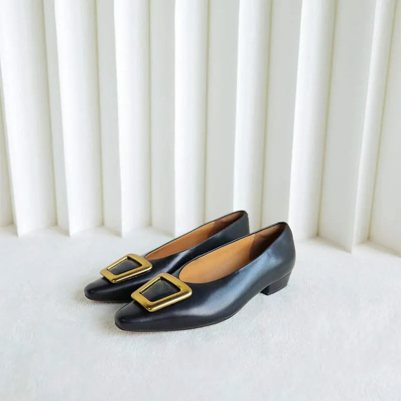 Classic Leather Handmade Ballet Flats in Black/Apricot Square Button Design