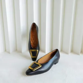 Classic Leather Handmade Ballet Flats in Black/Apricot Square Button Design