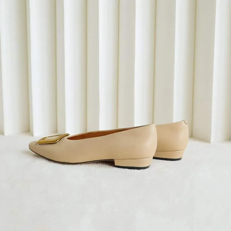 Classic Leather Handmade Ballet Flats in Black/Apricot Square Button Design