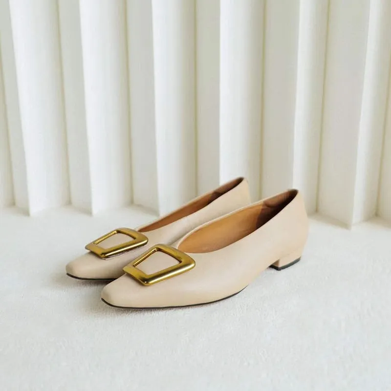 Classic Leather Handmade Ballet Flats in Black/Apricot Square Button Design