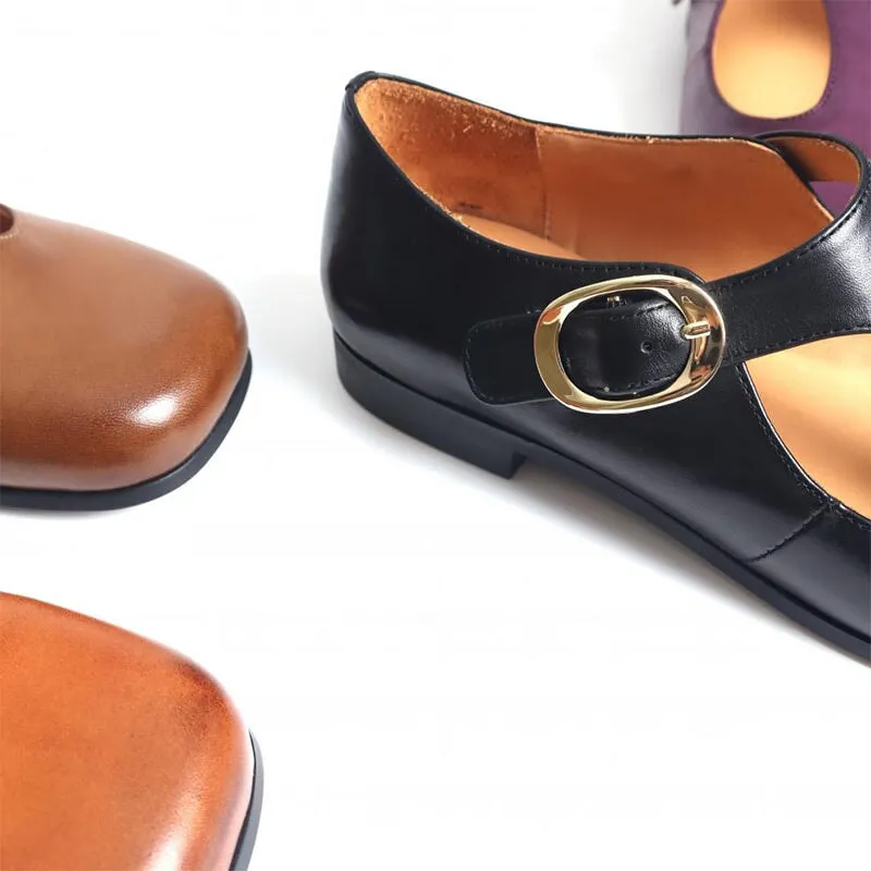 Cow Leather T-strap Mary Jane Shoes For Womens Square Toe in Coffee/Black/Purple/Brown