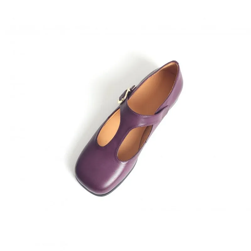 Cow Leather T-strap Mary Jane Shoes For Womens Square Toe in Coffee/Black/Purple/Brown