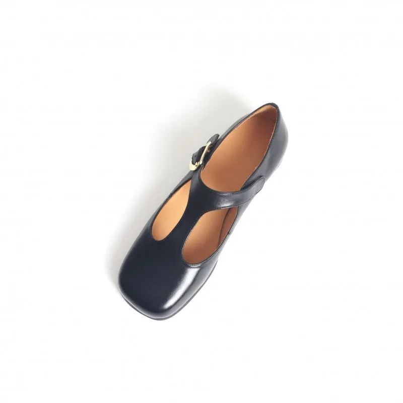 Cow Leather T-strap Mary Jane Shoes For Womens Square Toe in Coffee/Black/Purple/Brown
