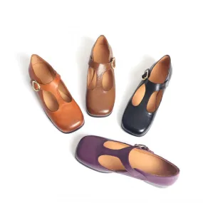 Cow Leather T-strap Mary Jane Shoes For Womens Square Toe in Coffee/Black/Purple/Brown