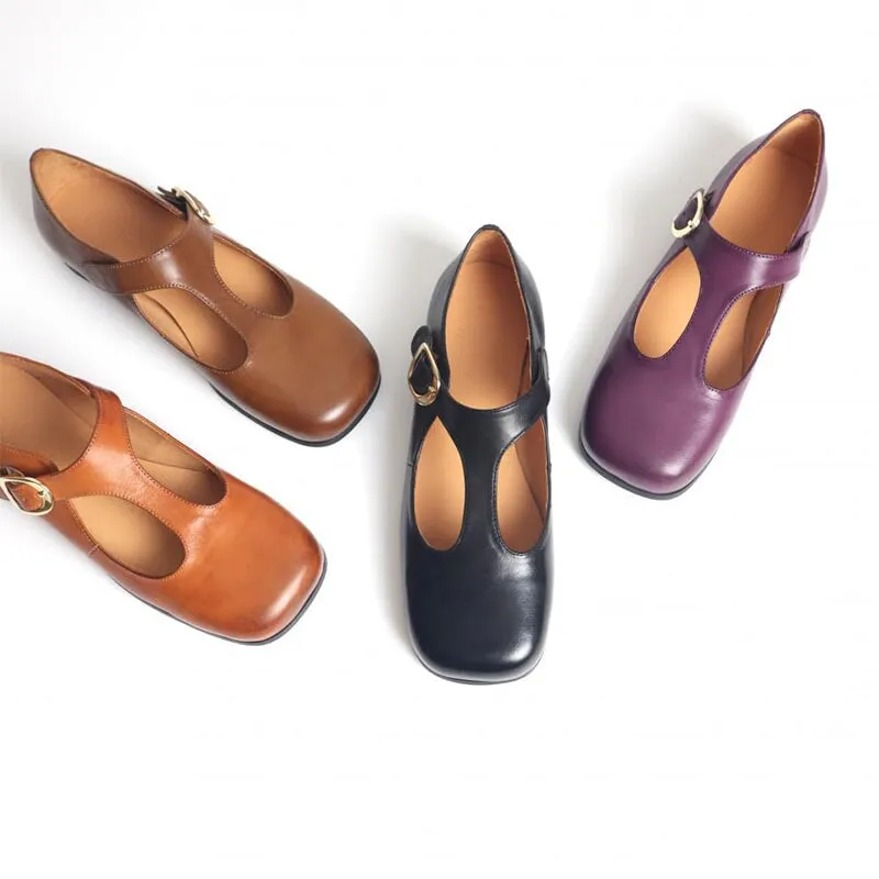 Cow Leather T-strap Mary Jane Shoes For Womens Square Toe in Coffee/Black/Purple/Brown