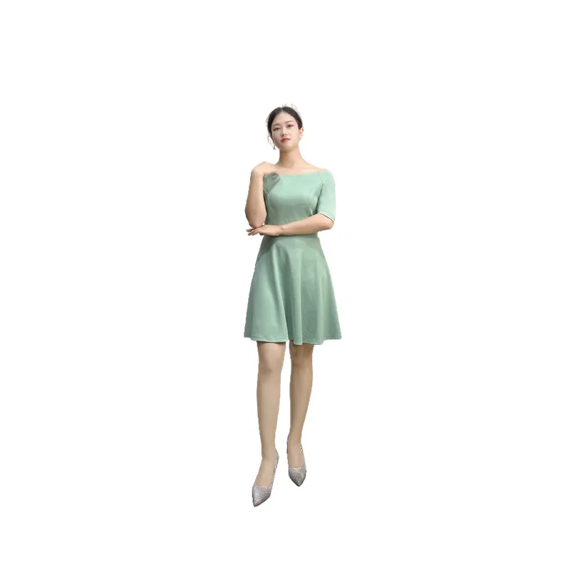 D413 Women solid short sleeve boat neck flared mini dress