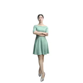 D413 Women solid short sleeve boat neck flared mini dress