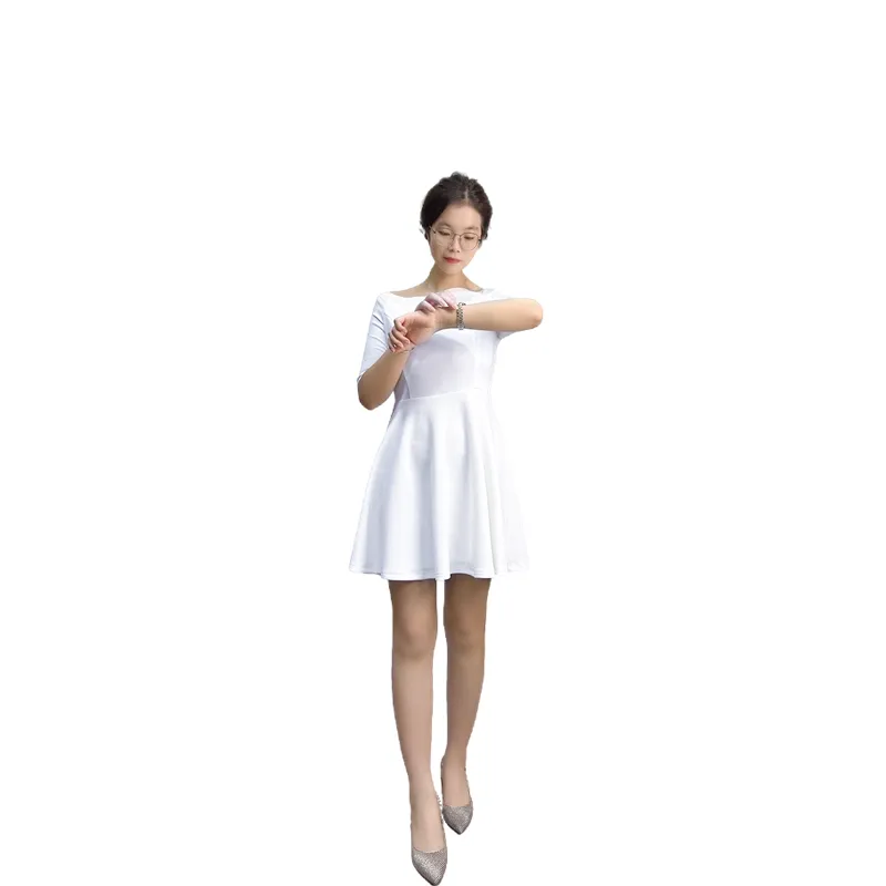 D413 Women solid short sleeve boat neck flared mini dress