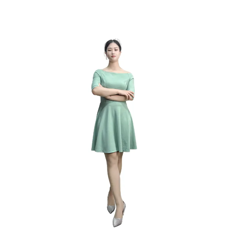 D413 Women solid short sleeve boat neck flared mini dress