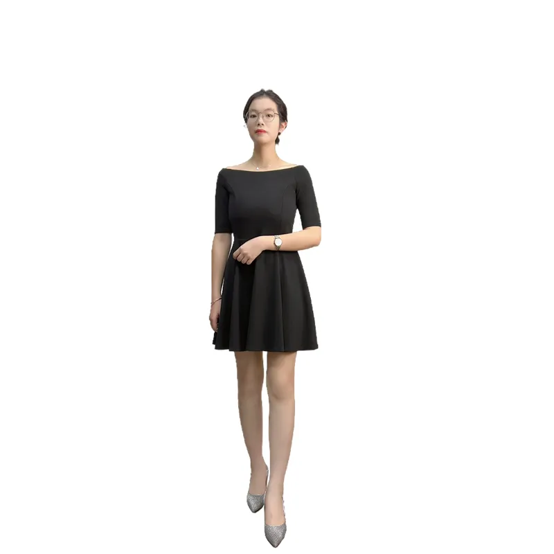 D413 Women solid short sleeve boat neck flared mini dress
