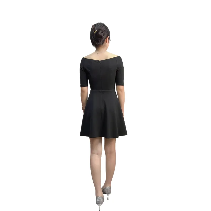 D413 Women solid short sleeve boat neck flared mini dress