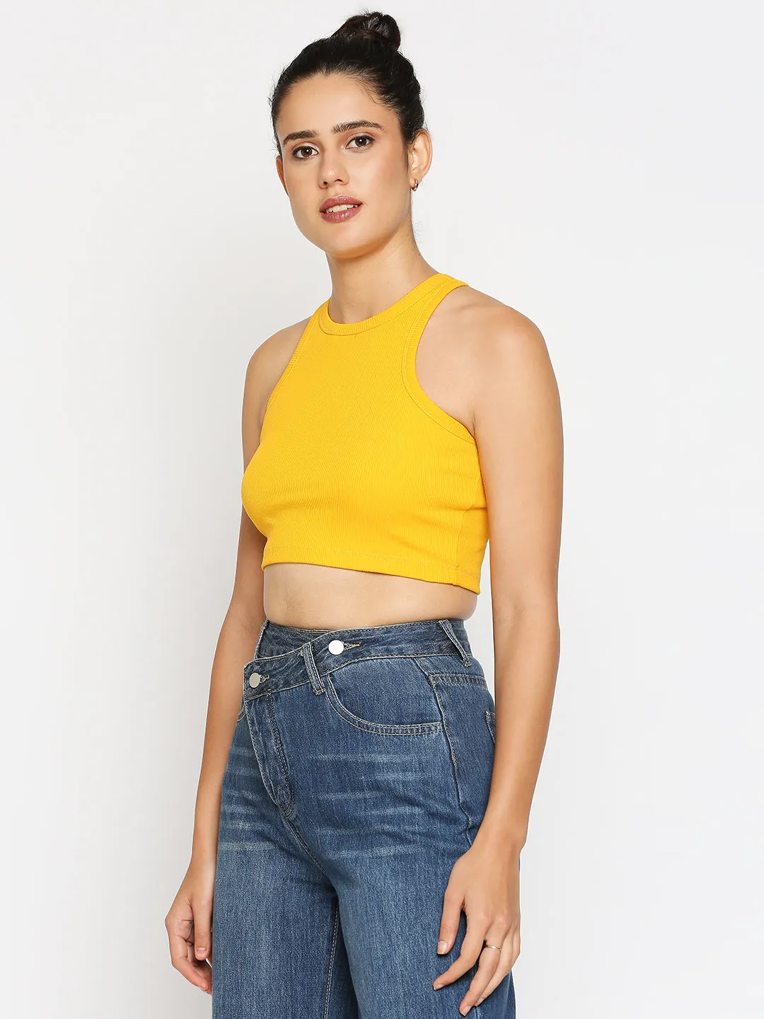Disrupt Women Sleeveless Yellow Ribbed Crop Top