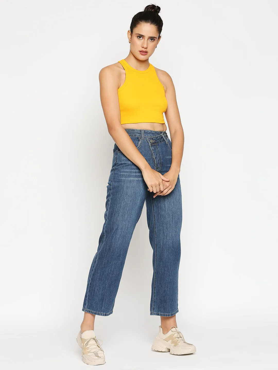 Disrupt Women Sleeveless Yellow Ribbed Crop Top