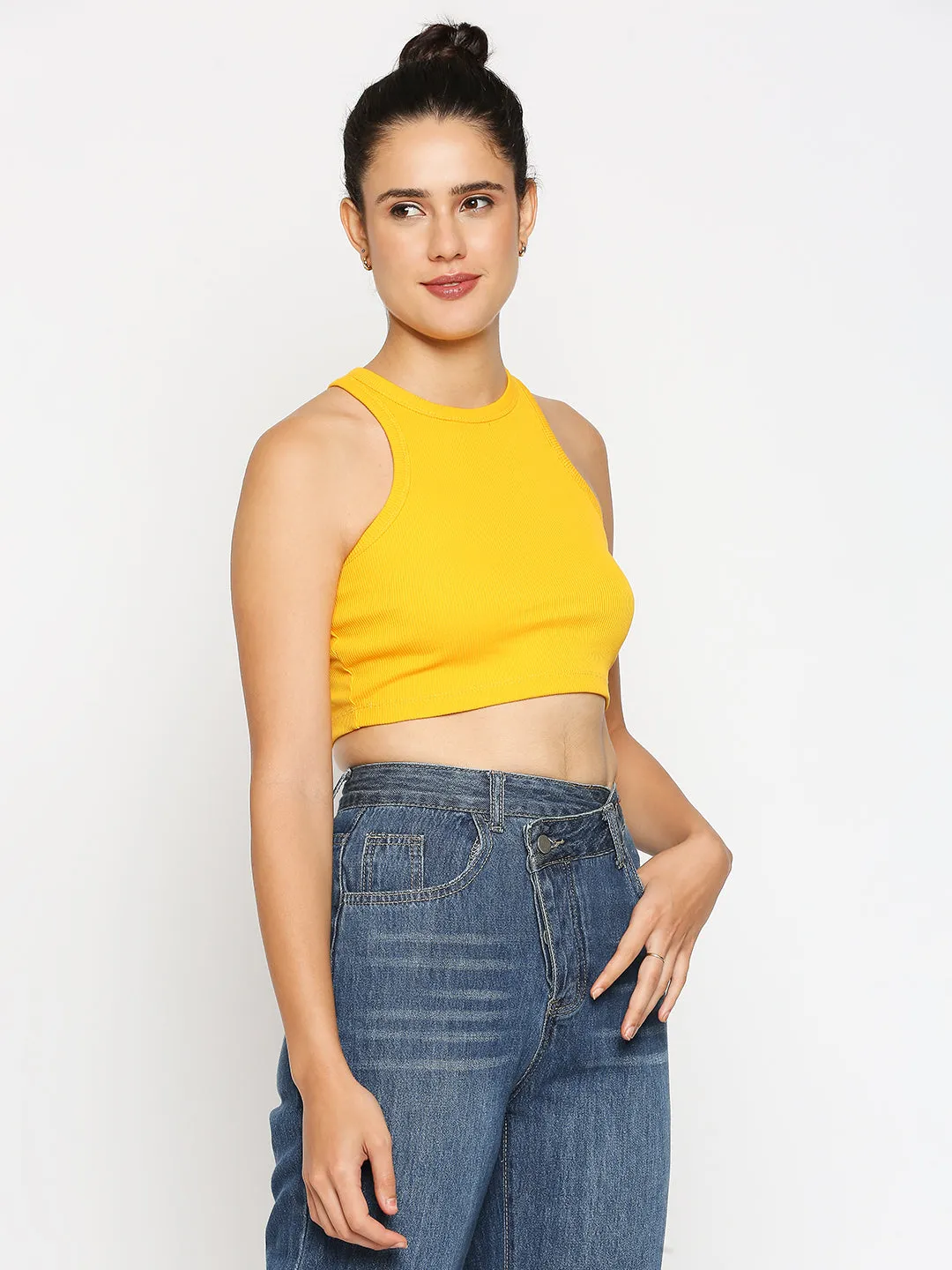 Disrupt Women Sleeveless Yellow Ribbed Crop Top