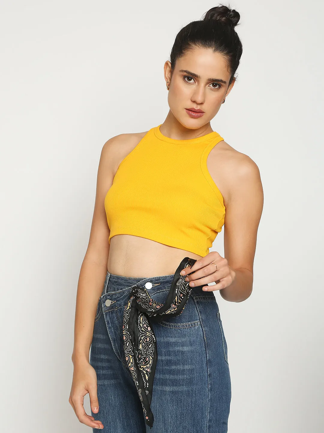 Disrupt Women Sleeveless Yellow Ribbed Crop Top