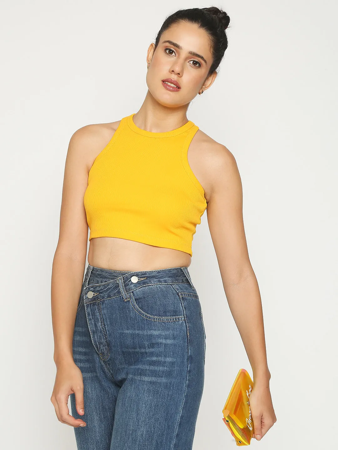 Disrupt Women Sleeveless Yellow Ribbed Crop Top