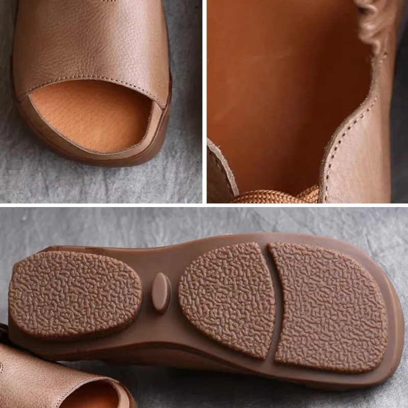 Handmade Flats Soft Leather Peep Toe Slingback Sandals For Women in Black/Khaki