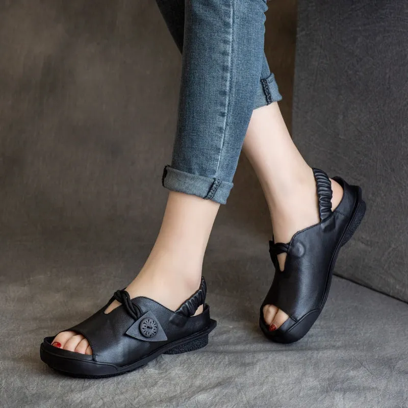 Handmade Flats Soft Leather Peep Toe Slingback Sandals For Women in Black/Khaki