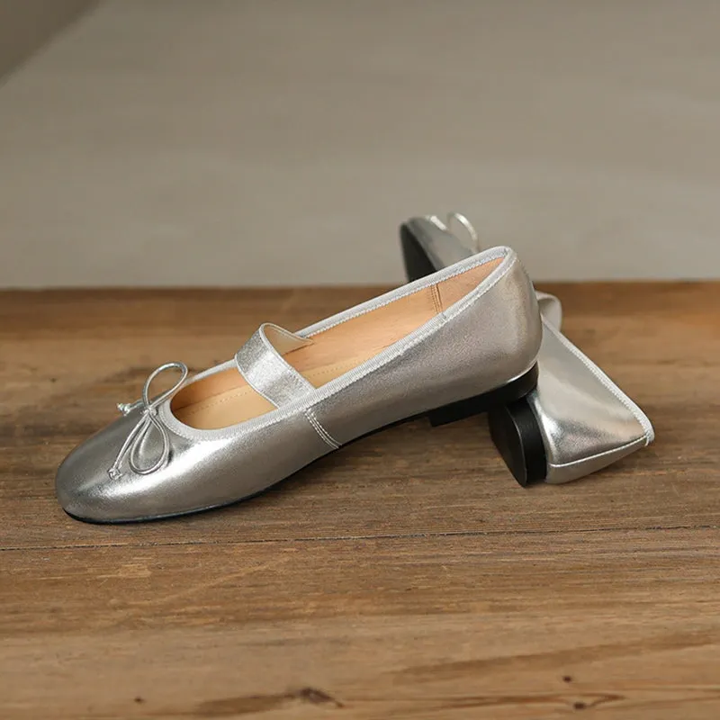 Handmade Leather Mary Jane Flats Elastic Band with Bow in Red/Black/Silvery