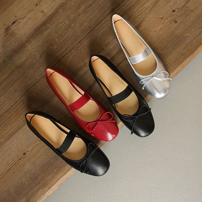 Handmade Leather Mary Jane Flats Elastic Band with Bow in Red/Black/Silvery