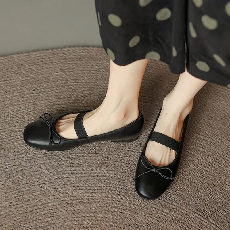 Handmade Leather Mary Jane Flats Elastic Band with Bow in Red/Black/Silvery