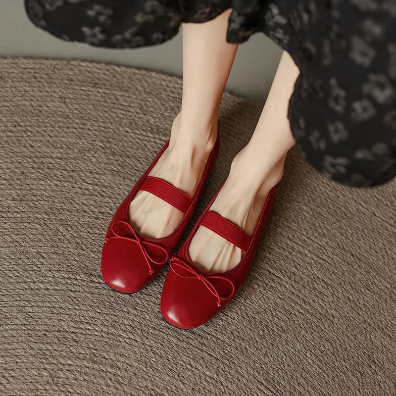 Handmade Leather Mary Jane Flats Elastic Band with Bow in Red/Black/Silvery