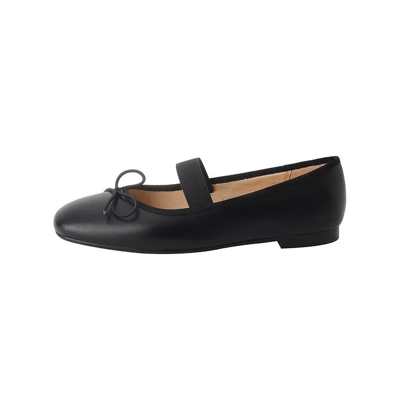 Handmade Leather Mary Jane Flats Elastic Band with Bow in Red/Black/Silvery