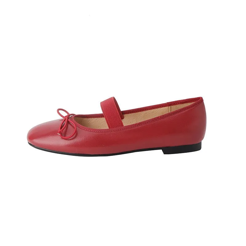 Handmade Leather Mary Jane Flats Elastic Band with Bow in Red/Black/Silvery