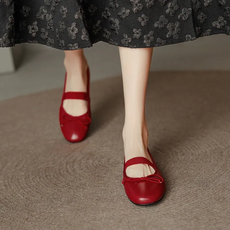 Handmade Leather Mary Jane Flats Elastic Band with Bow in Red/Black/Silvery
