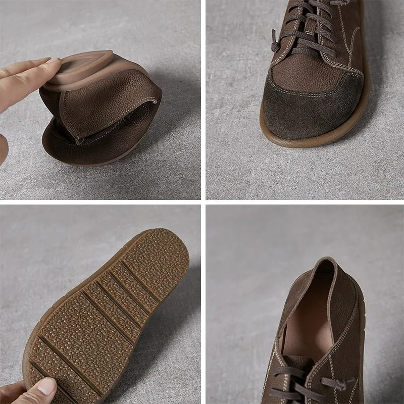 Handmade Soft Leather Oxfords & Tie Flats For Women in Deep Gray