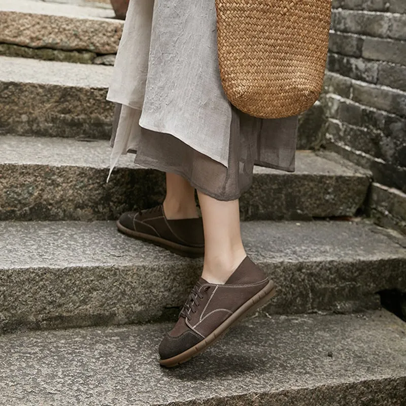 Handmade Soft Leather Oxfords & Tie Flats For Women in Deep Gray