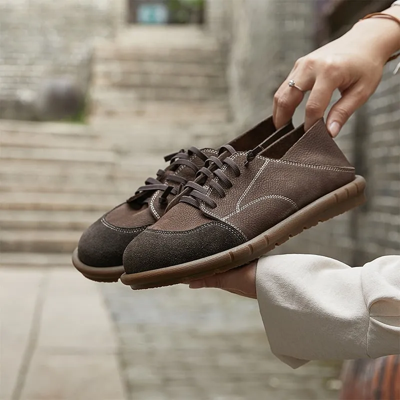Handmade Soft Leather Oxfords & Tie Flats For Women in Deep Gray
