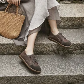 Handmade Soft Leather Oxfords & Tie Flats For Women in Deep Gray