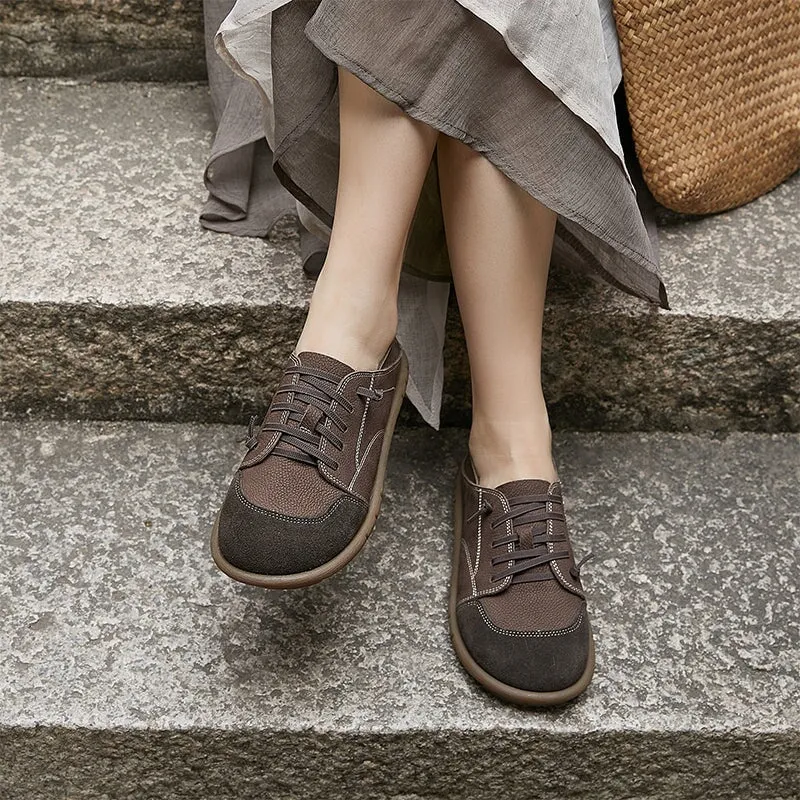 Handmade Soft Leather Oxfords & Tie Flats For Women in Deep Gray