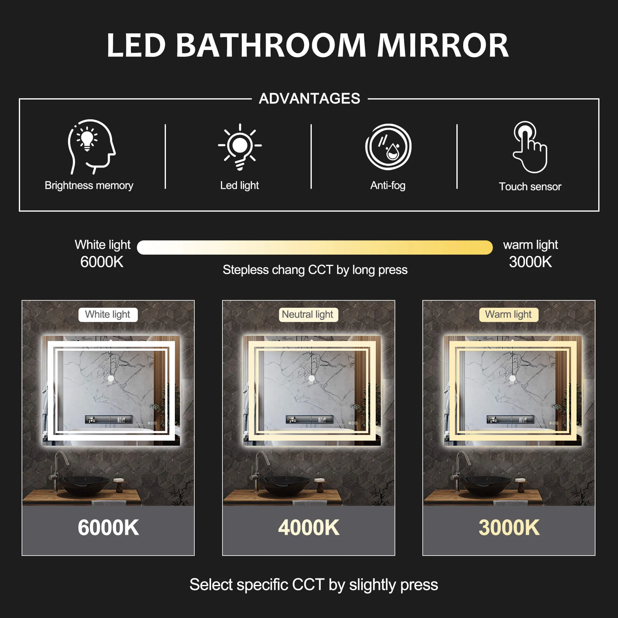 LED Bathroom Mirror with Lights Vanity Mirror for Bathroom with Double Lights Strip 3 Colors Anti-Fog Dimmable