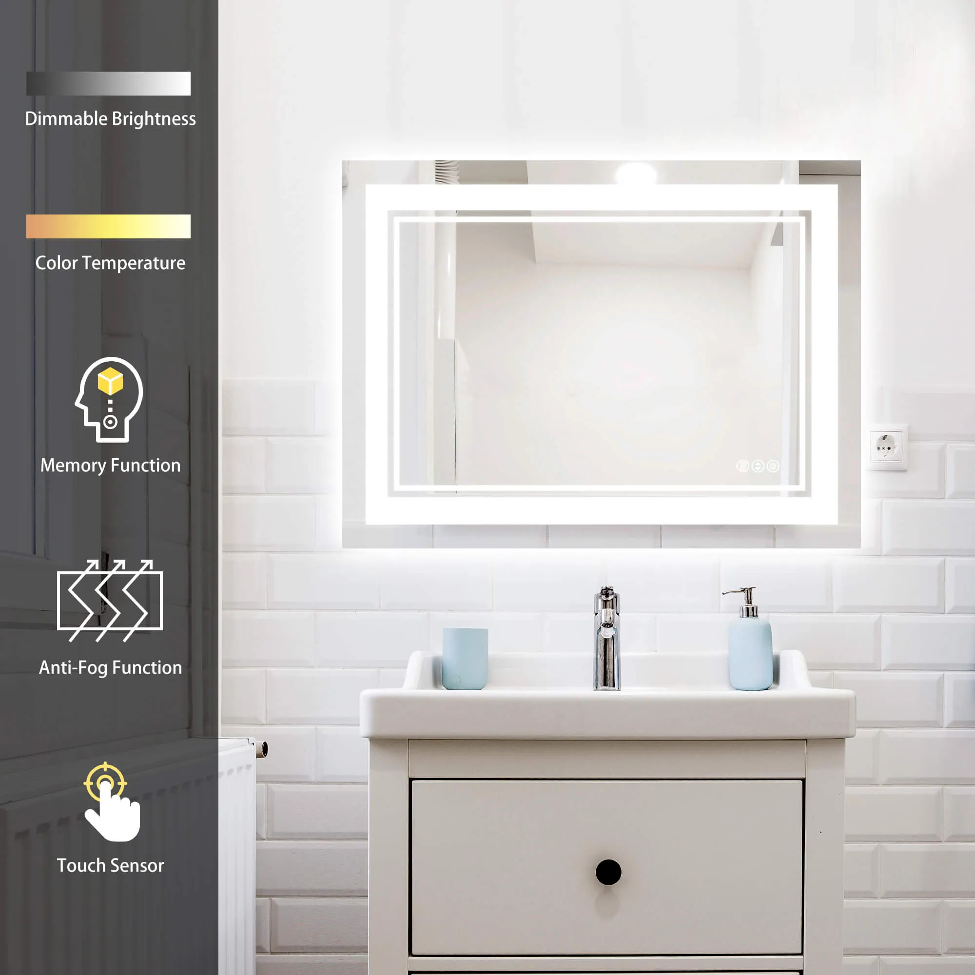 LED Bathroom Mirror with Lights Vanity Mirror for Bathroom with Double Lights Strip 3 Colors Anti-Fog Dimmable