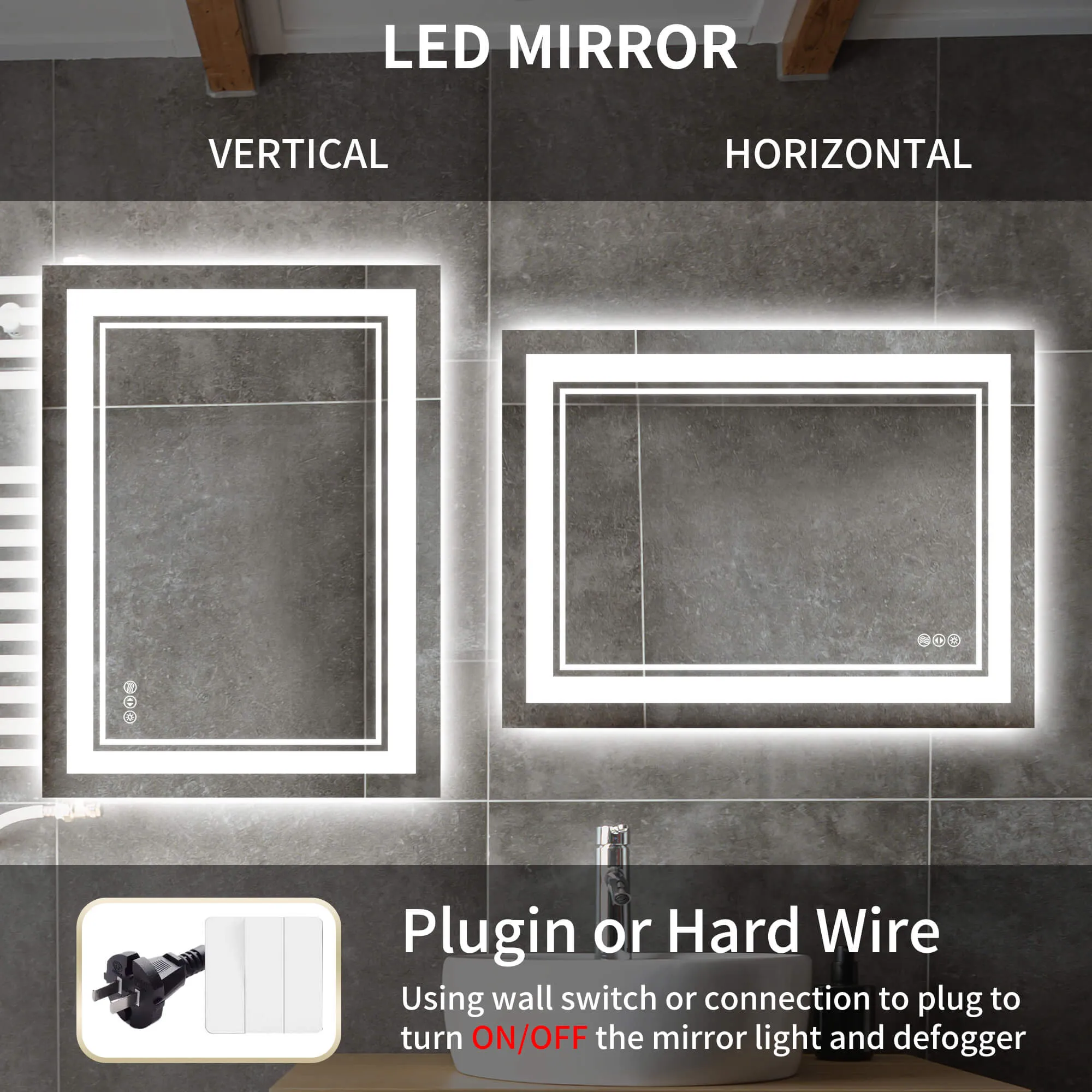 LED Bathroom Mirror with Lights Vanity Mirror for Bathroom with Double Lights Strip 3 Colors Anti-Fog Dimmable