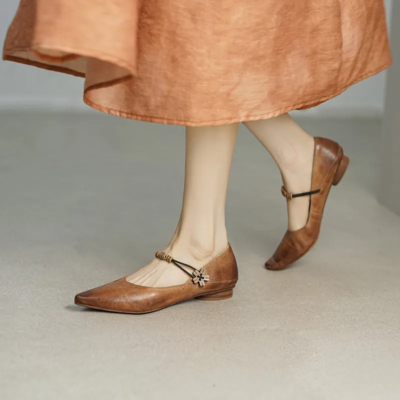 Mary Jane Shoes For Women Handmade Soft Leather Flats Retro Shoes Brown/Black/Apricot
