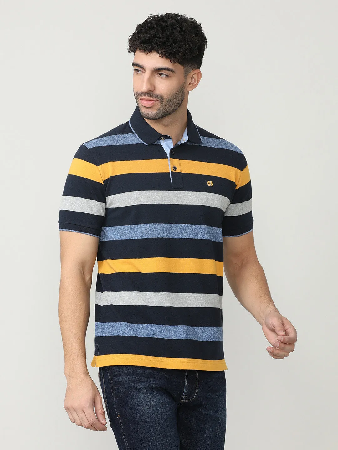 Navy Pique Stripes Polo T-shirt With Tipping Collar