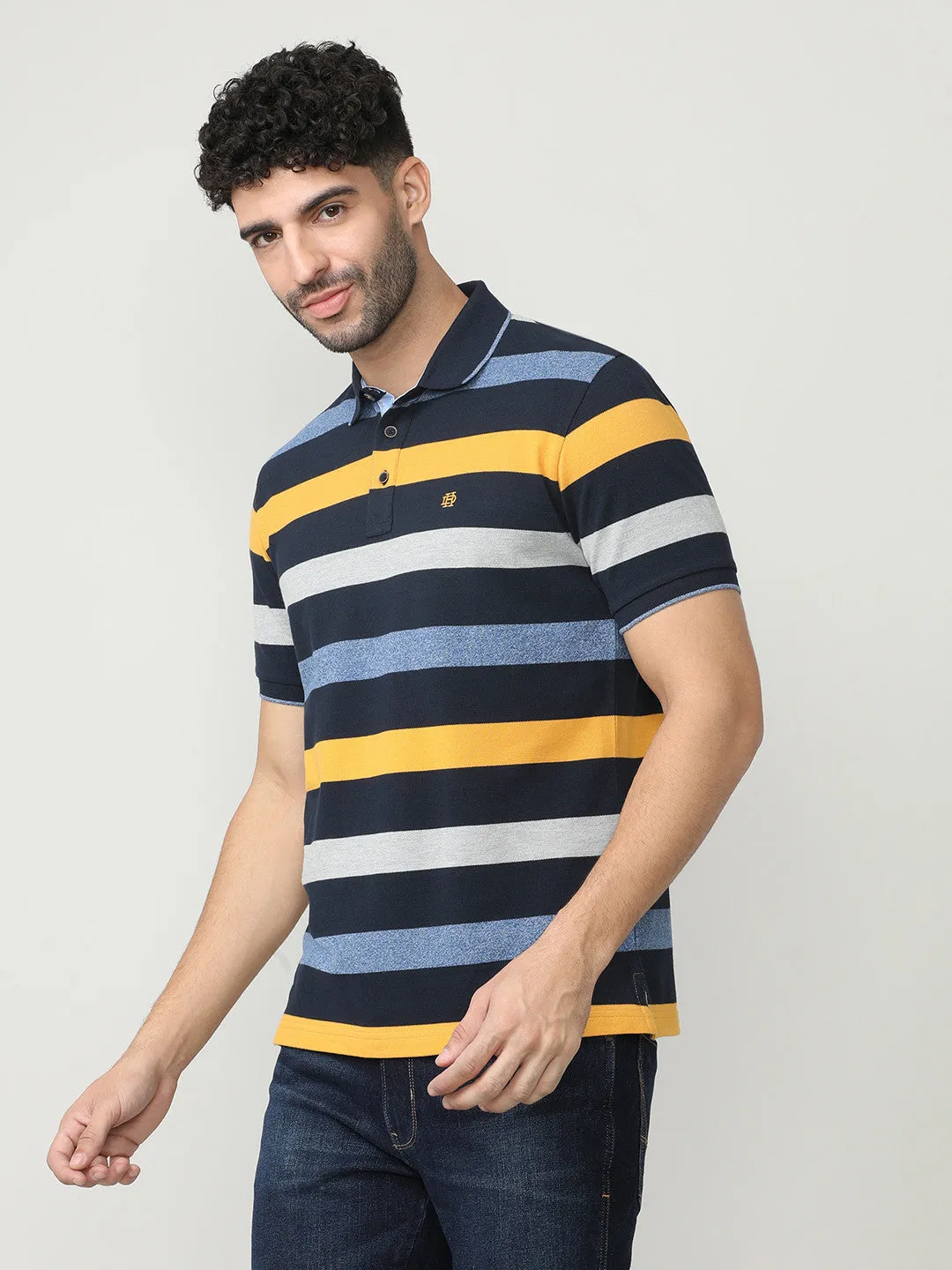 Navy Pique Stripes Polo T-shirt With Tipping Collar