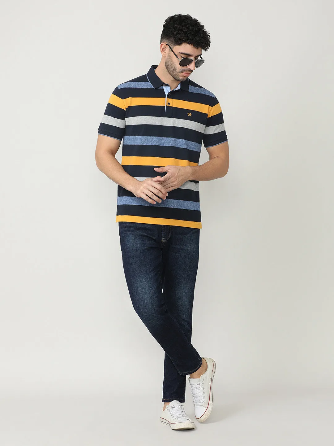 Navy Pique Stripes Polo T-shirt With Tipping Collar