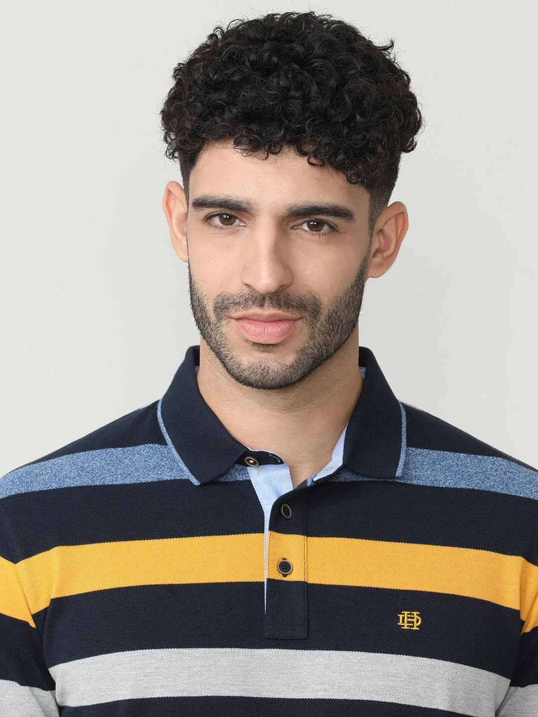 Navy Pique Stripes Polo T-shirt With Tipping Collar