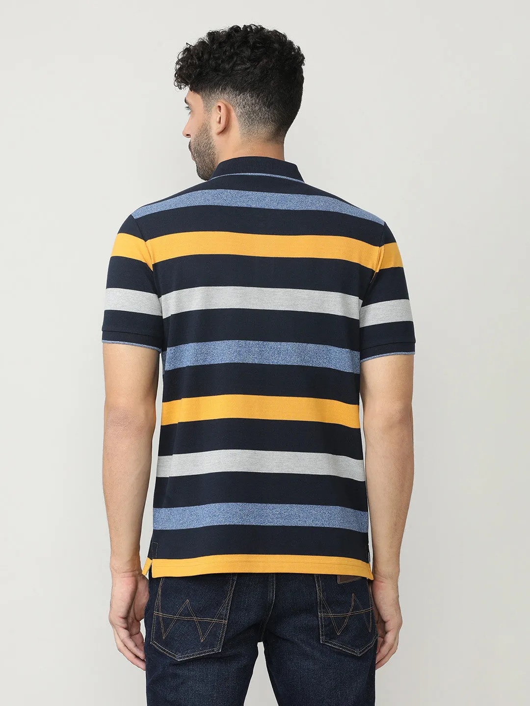 Navy Pique Stripes Polo T-shirt With Tipping Collar